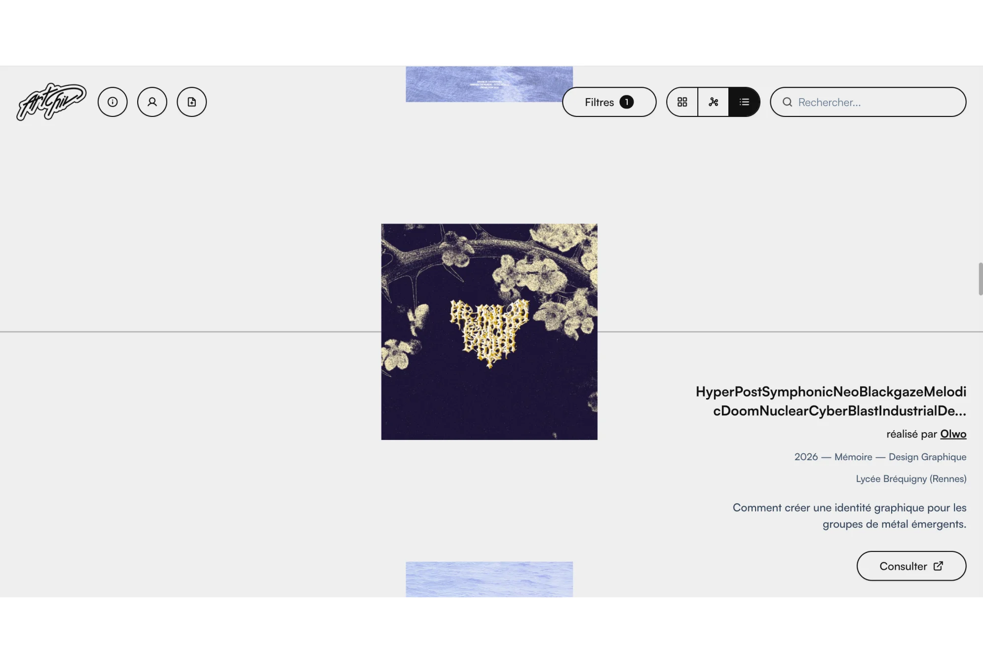 Système d'exploration et de consultation des mémoires de design sur Artchiv