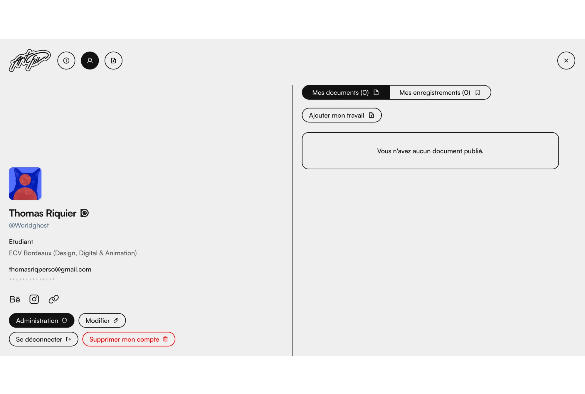 Vue analytique et formulaire de dépôt de projets et mémoires sur Artchiv