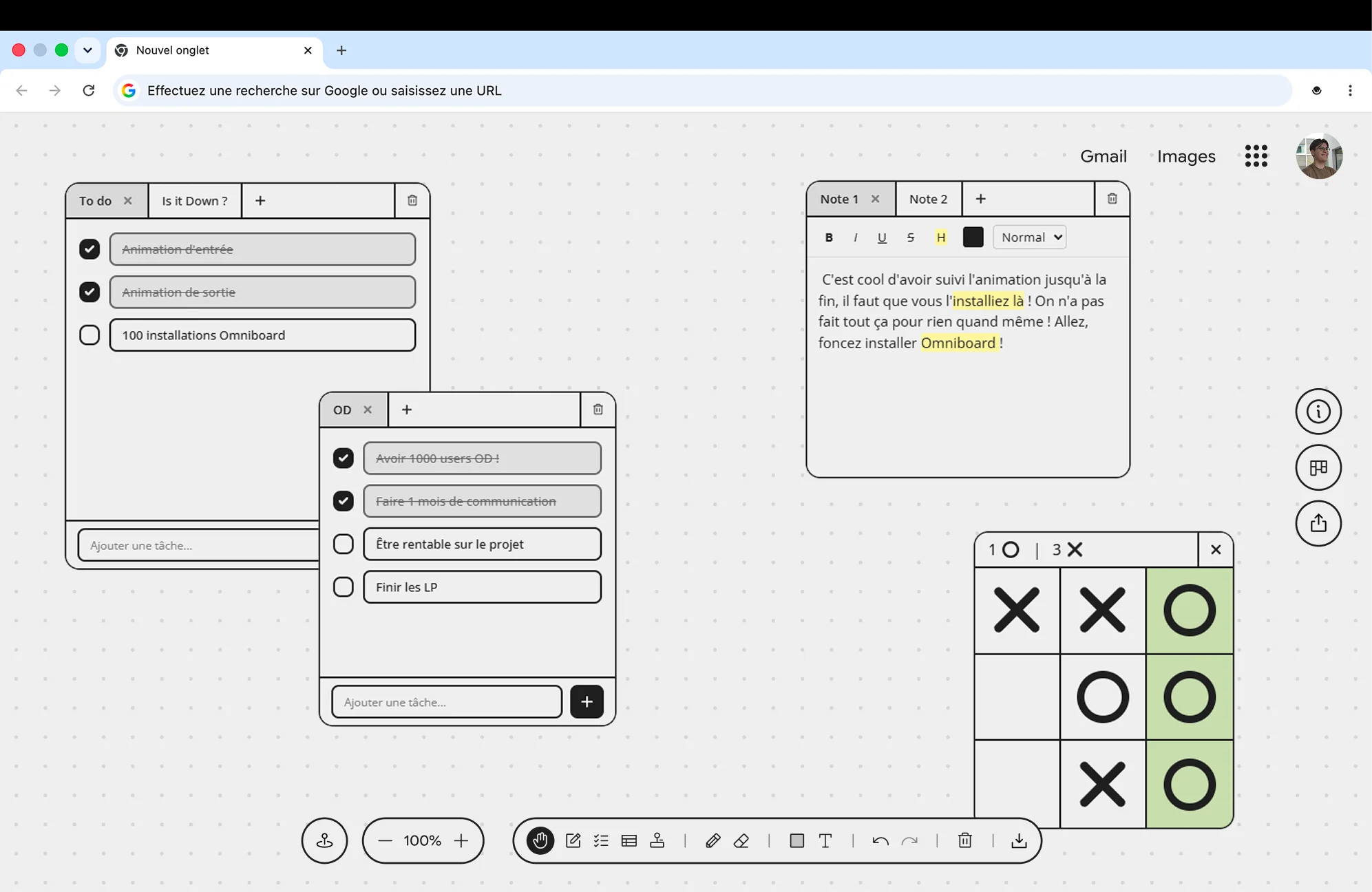 Interface Omniboard : prise de notes adhésives colorées, listes de tâches et gestion de projet sur canevas infini